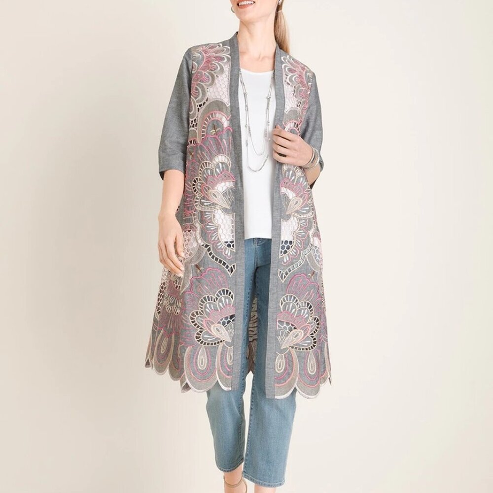 Chicos Embroidered Scalloped Hem Kimono Jacket Large XL Linen Boho Whimsical